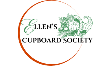 Logo with a green cornucopia and the text 'Ellen's cupboard Society' surrounded with an orange circle.